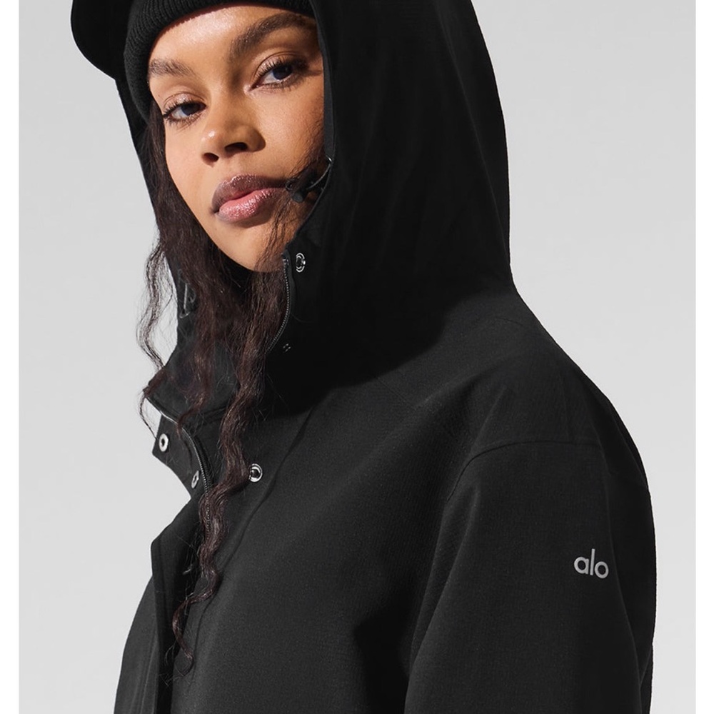 ALO Yoga Black Hooded Rain or Shine Jacket with Subtle Logo